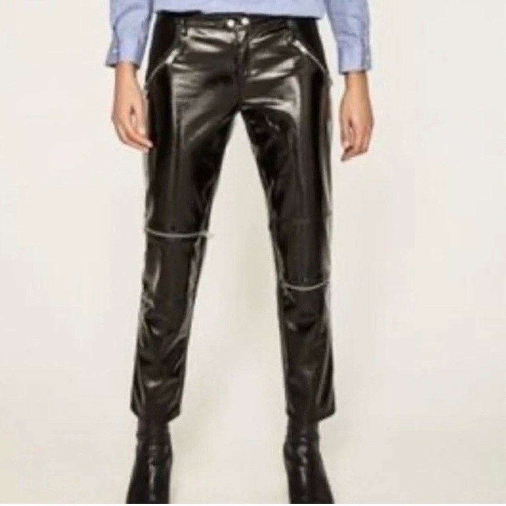 Zara Sz M Women’s Faux Black Patent Leather Moto Pants